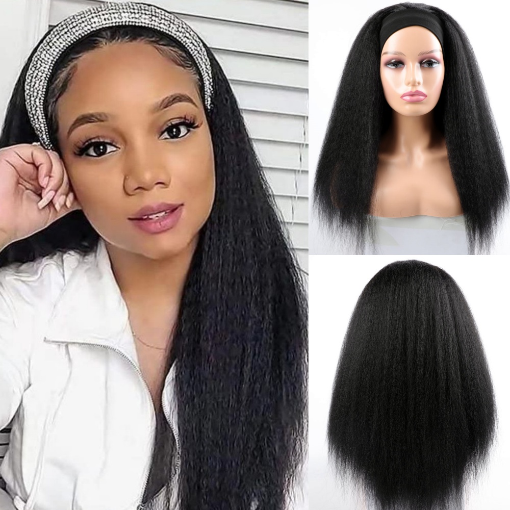 Long Kinky Straight Synthetic Hair Wig for Women 22 Inch Natural Color Headband Wig Kinky Straight Puffy Smooth Hair Factory Price Sale