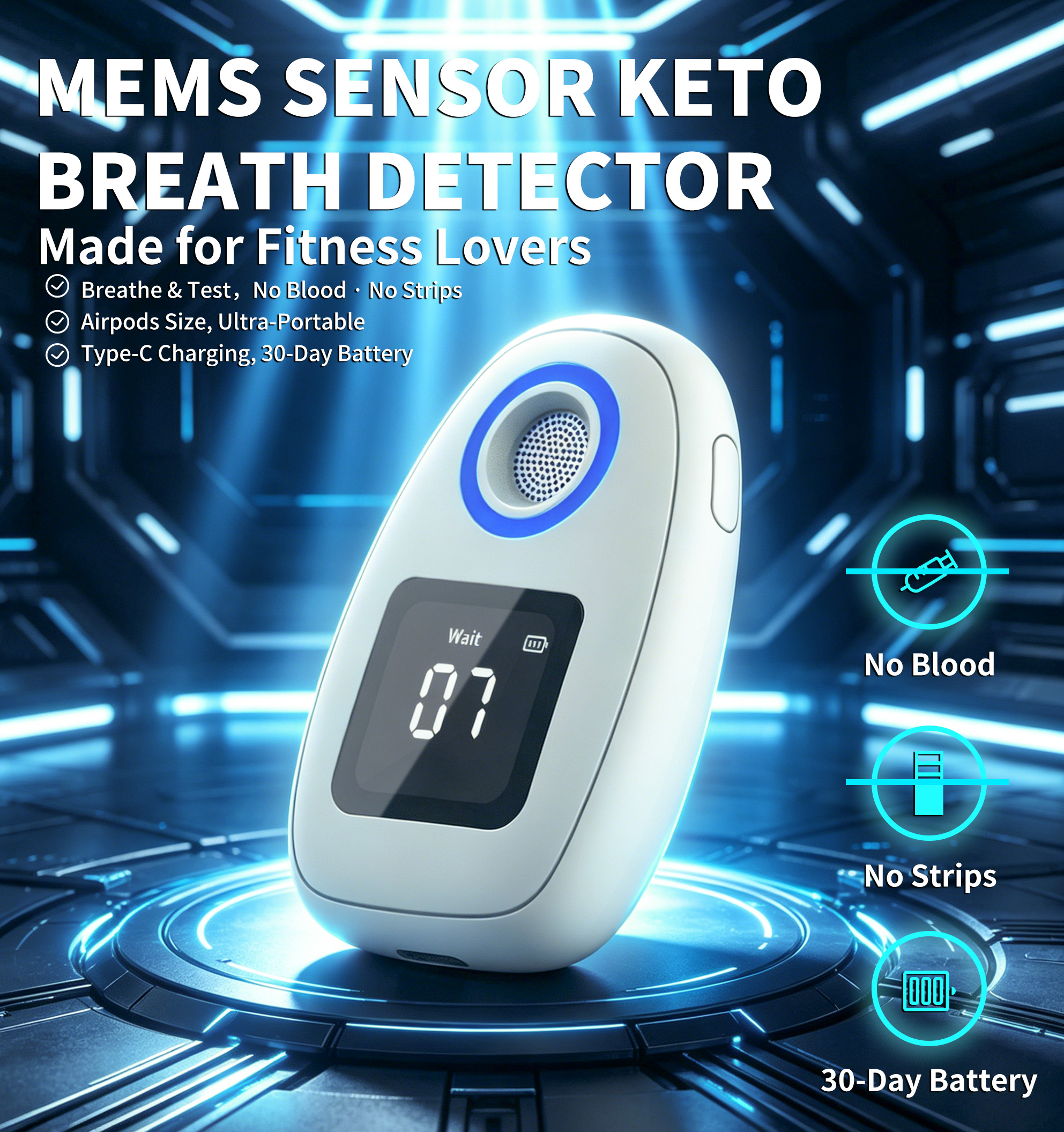 Professional-Grade Ketosis Meter & Ketone Breath Meter - Portable Ketone Breath Monitor Analyzer for Acetone Check | Accurate Breath Ketosis Tester for Ketosis Tracking