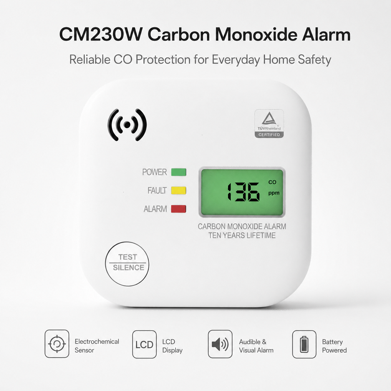 CM230W Smart Carbon Monoxide Alarm with Wi-Fi, Bluetooth and LCD Display
