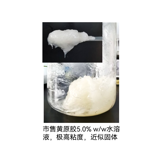传统多糖降解方法的痛点
传统的多糖降解方法多在水相中进行，由于多糖本身的亲水性高分子特性，水溶液粘度与多糖浓度多为指数型增加。较低的多糖浓度即可产生较高粘度，图示为5.0% w/w的黄原胶水溶液，基本为半固体状态。这种高粘度体系导致搅拌、传送等问题。低浓度的多糖水溶液在降解结束后，为获得降解产物需要除去水，一般使用蒸发浓缩或膜处理等方式，面临高能耗、实际操作繁琐等问题，不利于工业化生产。以上问题导致目前在市场上很难找到多糖降解产品。