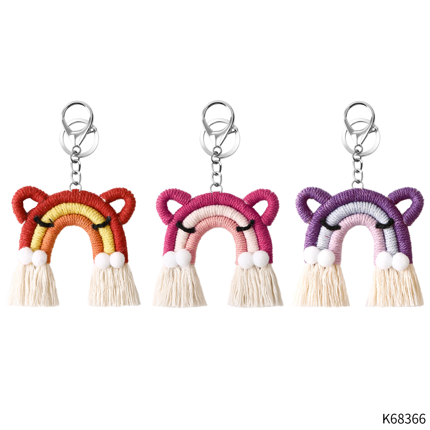 2022 Creative Cartoon Cute Cat Shaped Handmade Woven Rainbow Color Tassel Keychain With Pompom For Girls Bag Ornaments