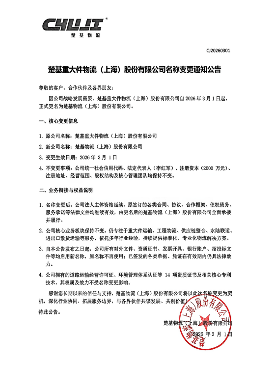 楚基重大件物流（上海）股份有限公司名称变更通知公告