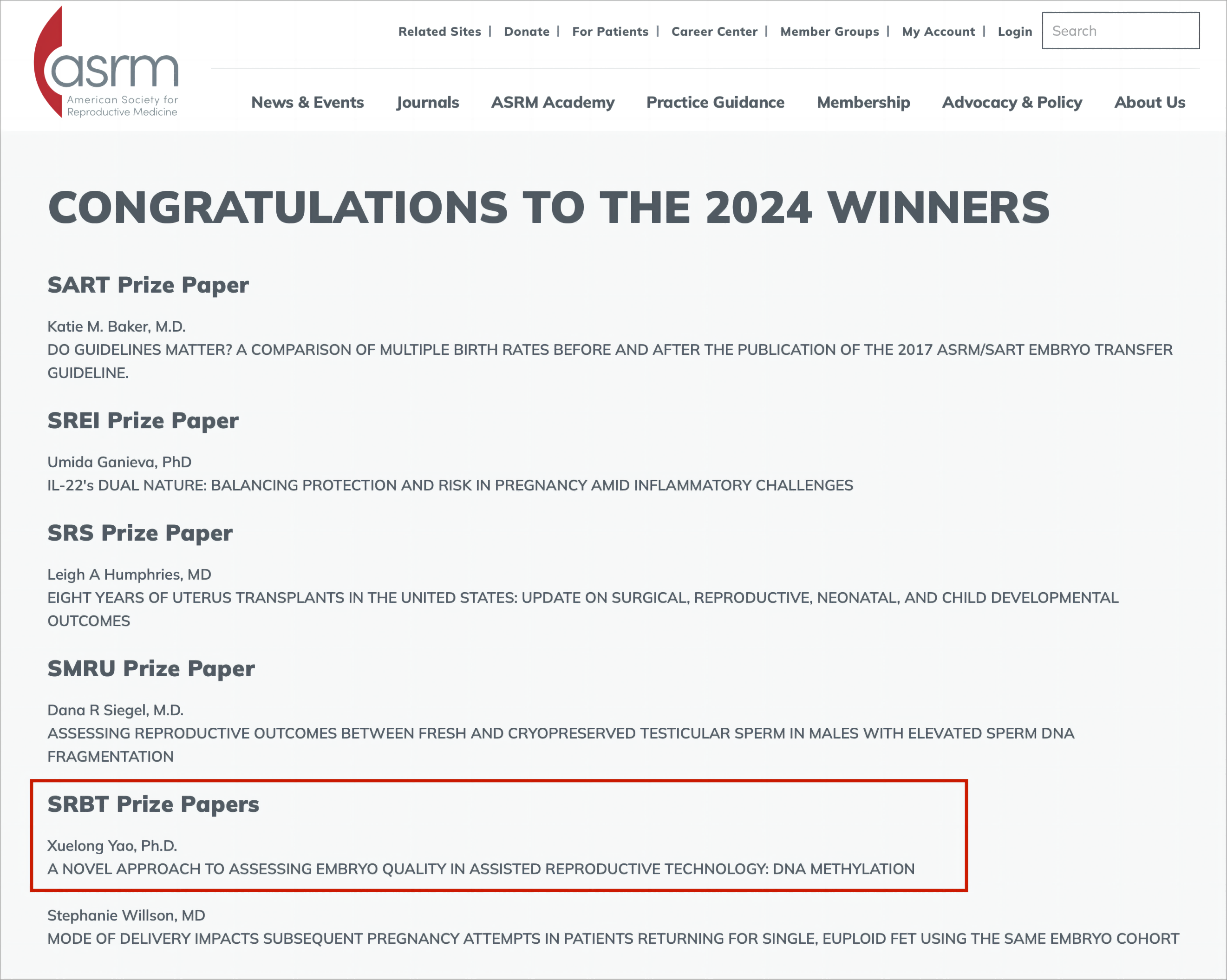 PIMS技术斩获2024年美国生殖医学会（ASRM）生殖生物学和技术学会（SRBT）奖
