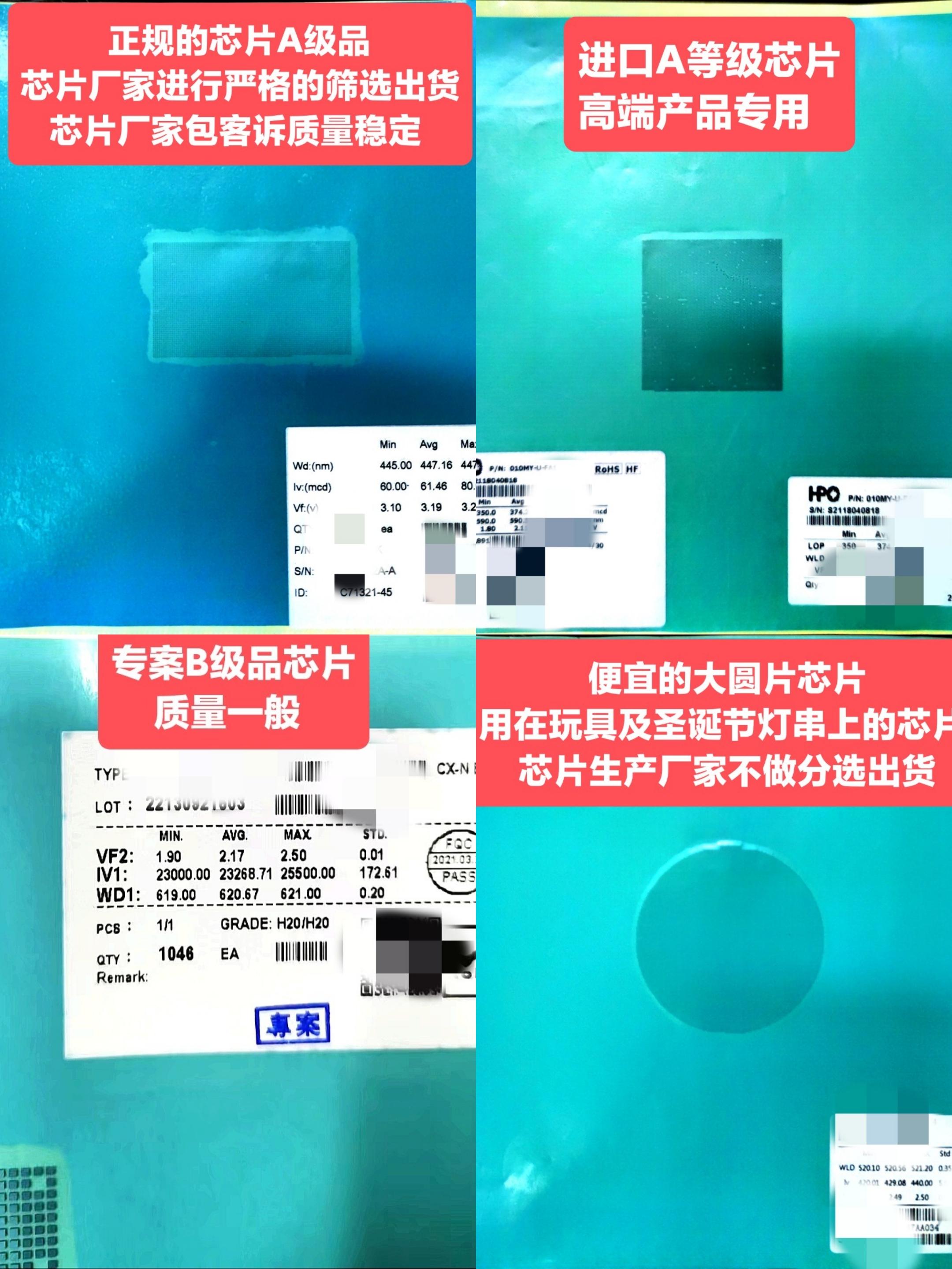 正规A级芯片与便宜大圆片芯片对比图