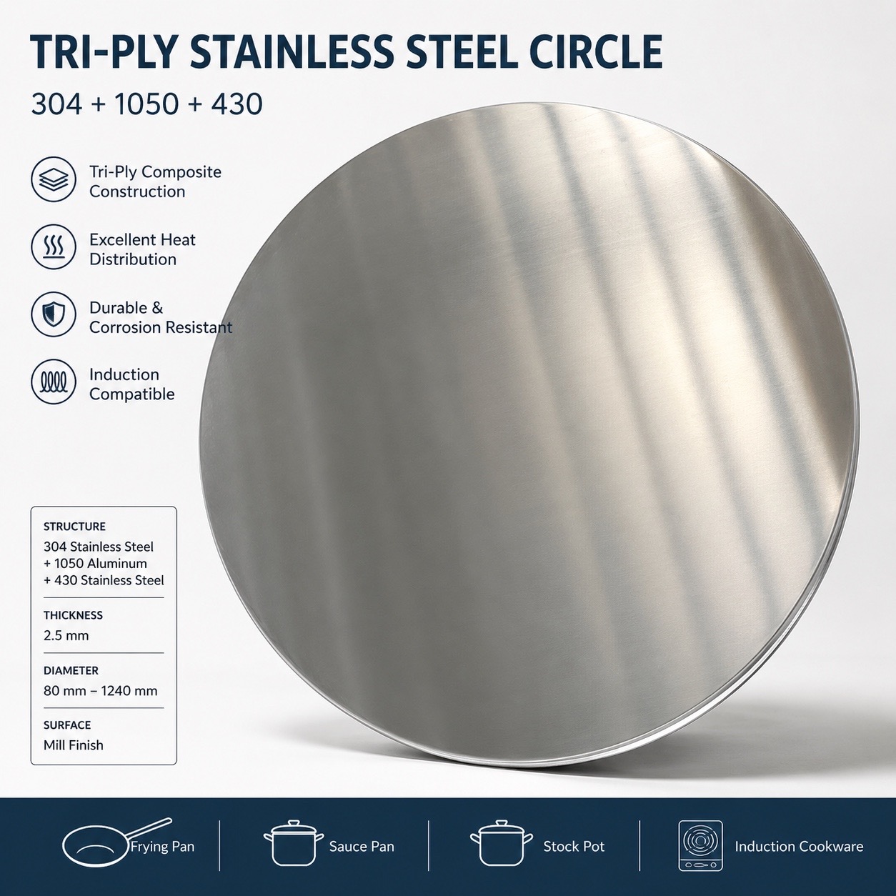 304/1050/430 Tri-Ply Stainless Steel Clad Circle