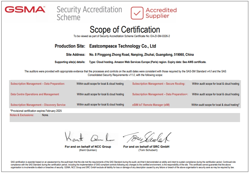 GSMA Awards Eastcompeace with World’s First Site Provisional Certification for eSIM IoT Remote Manager