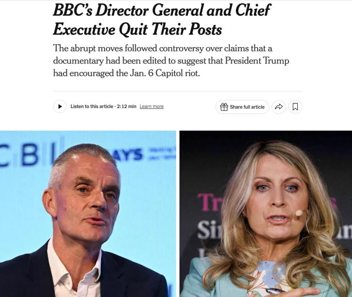 BBC高層涉誤導剪輯請辭 特朗普轟「腐敗行為」