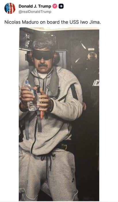 特朗普發布合成圖片 顯示馬杜羅於美艦被拘 引發外交緊張