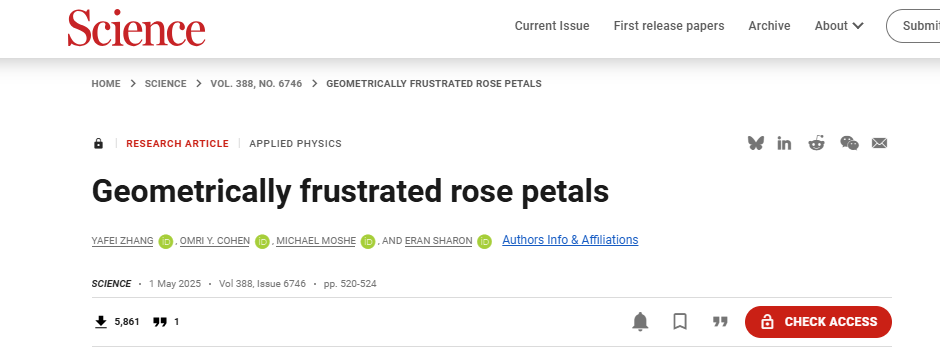 研究玫瑰花瓣为什么会卷出尖角，居然发了一篇Science正刊