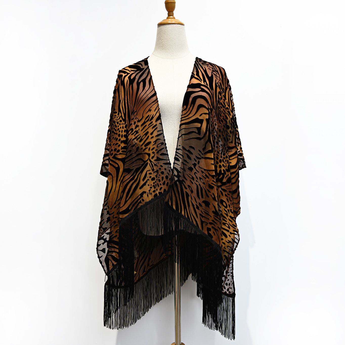 Print Fringe Open Front Cover Up Women's