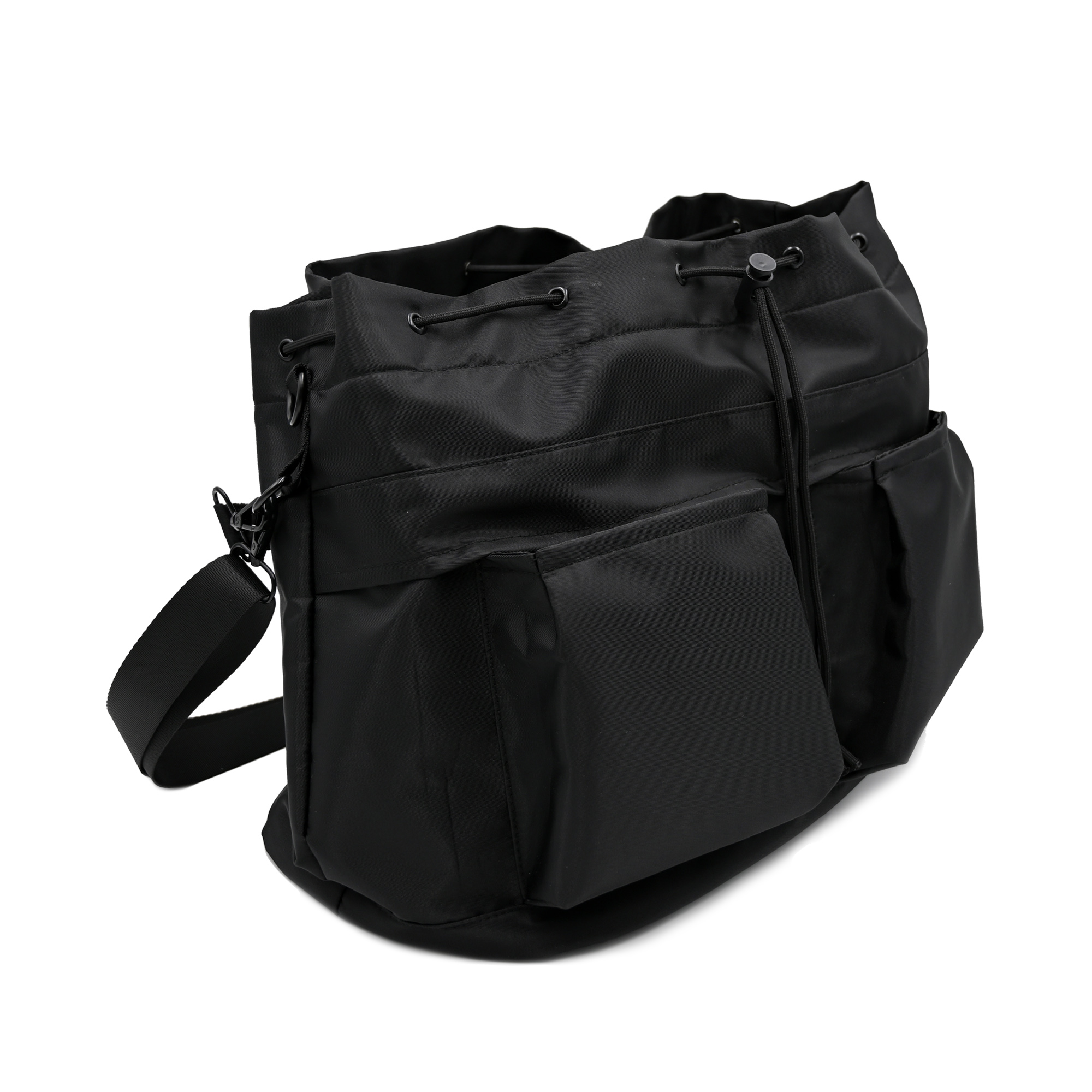 Black Crossbody Large Drawstring Tote Bag