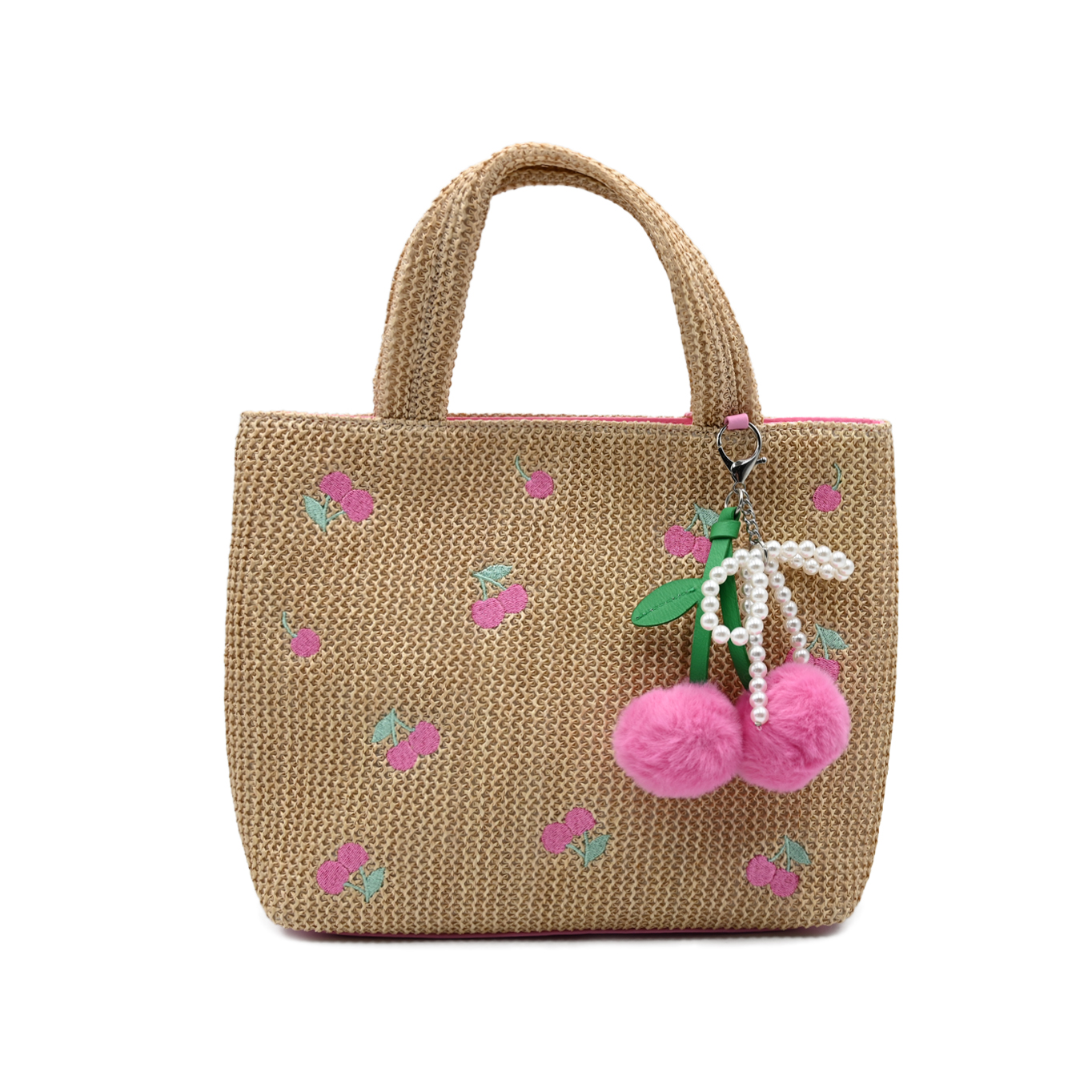 Straw Bag With Cherry Charm Chain