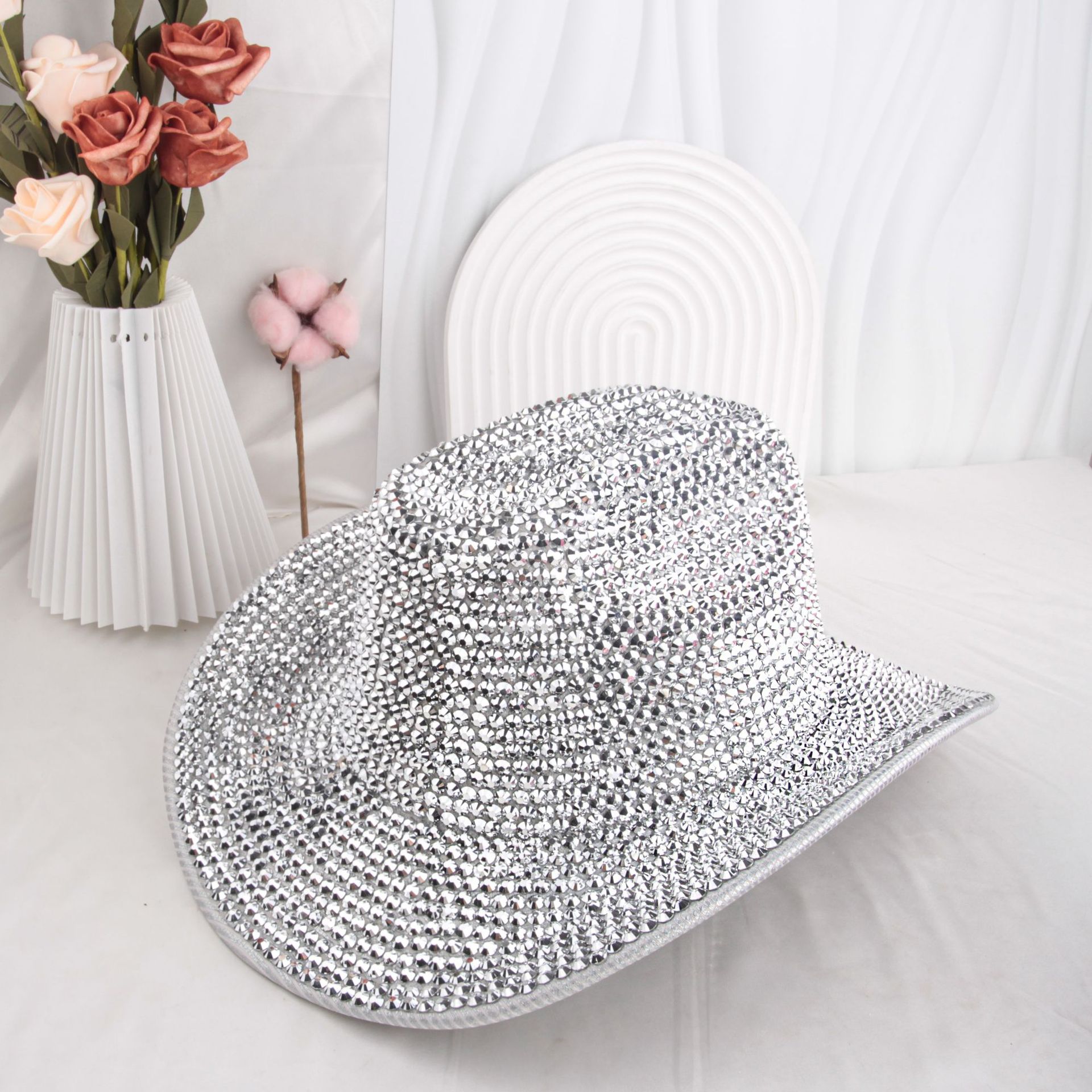 Western Felt Cowboy Hat Roll Up Brim Studded Cowgirl Hat