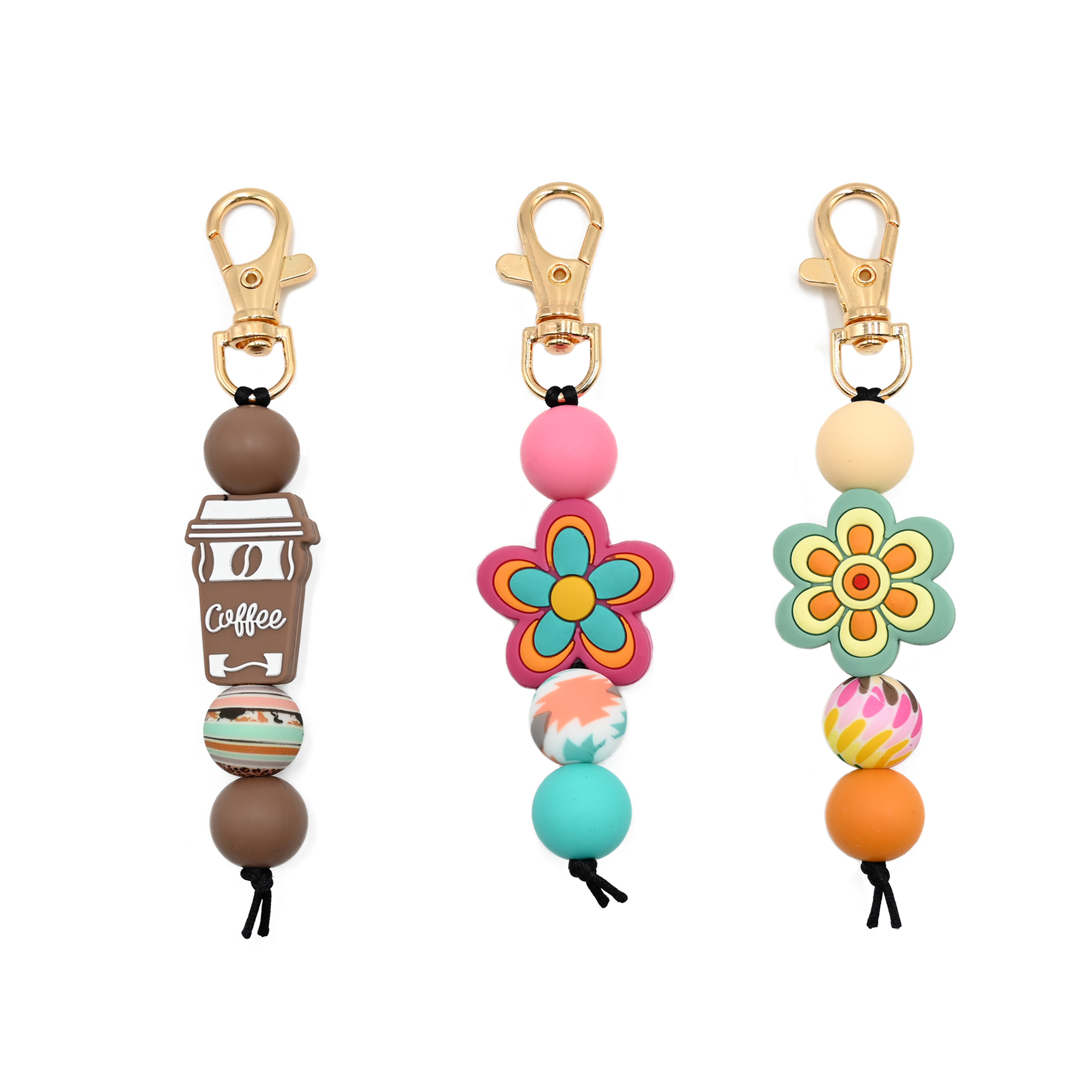 Autumn and Winter Silicone Keychain with Flower and Coffee Beads