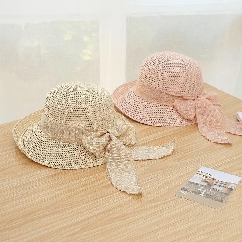 Womens Summer Outdoor Sun Bow Wide Brimmed Beach Hat