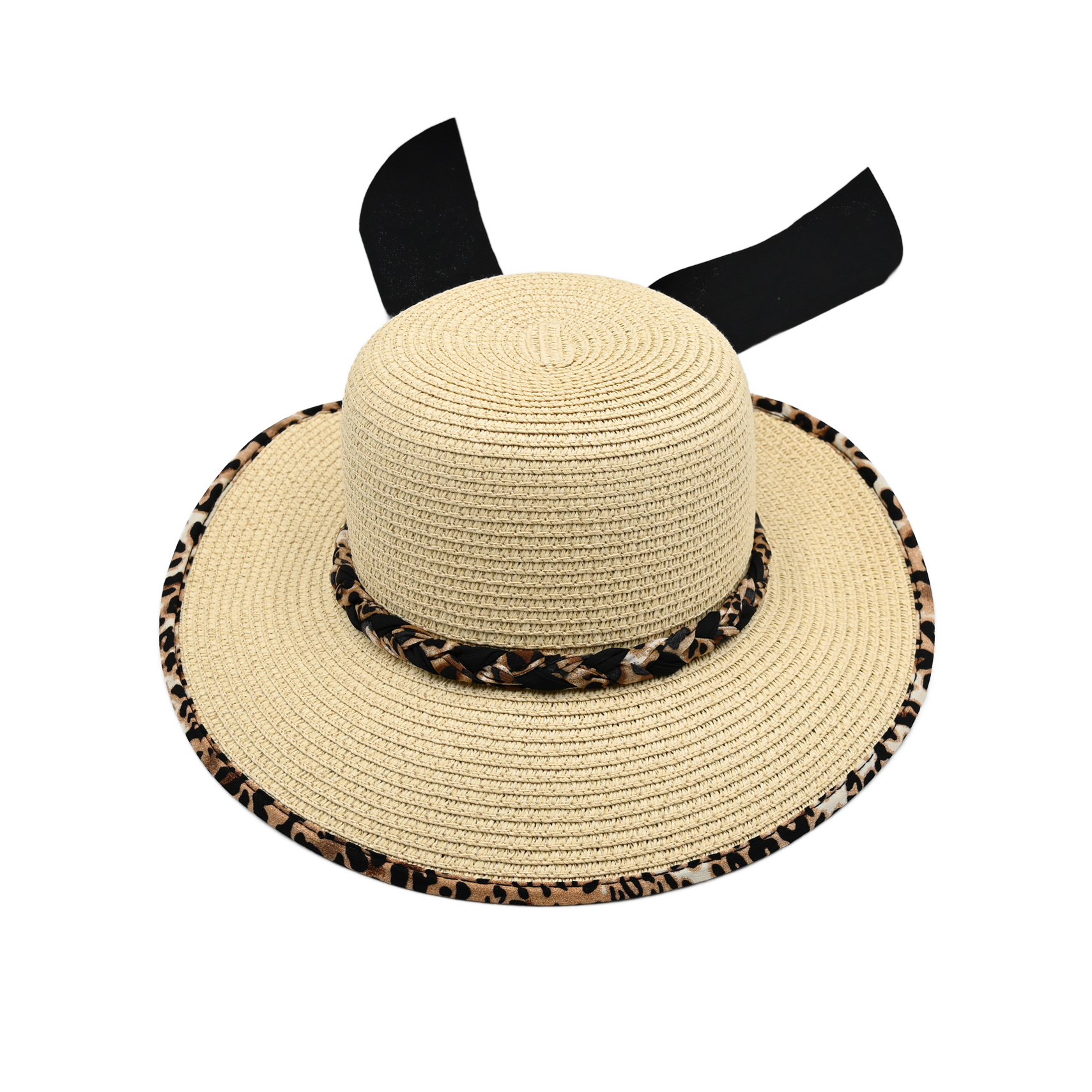 Leopard Trim Bow Tie Straw Sun Hat