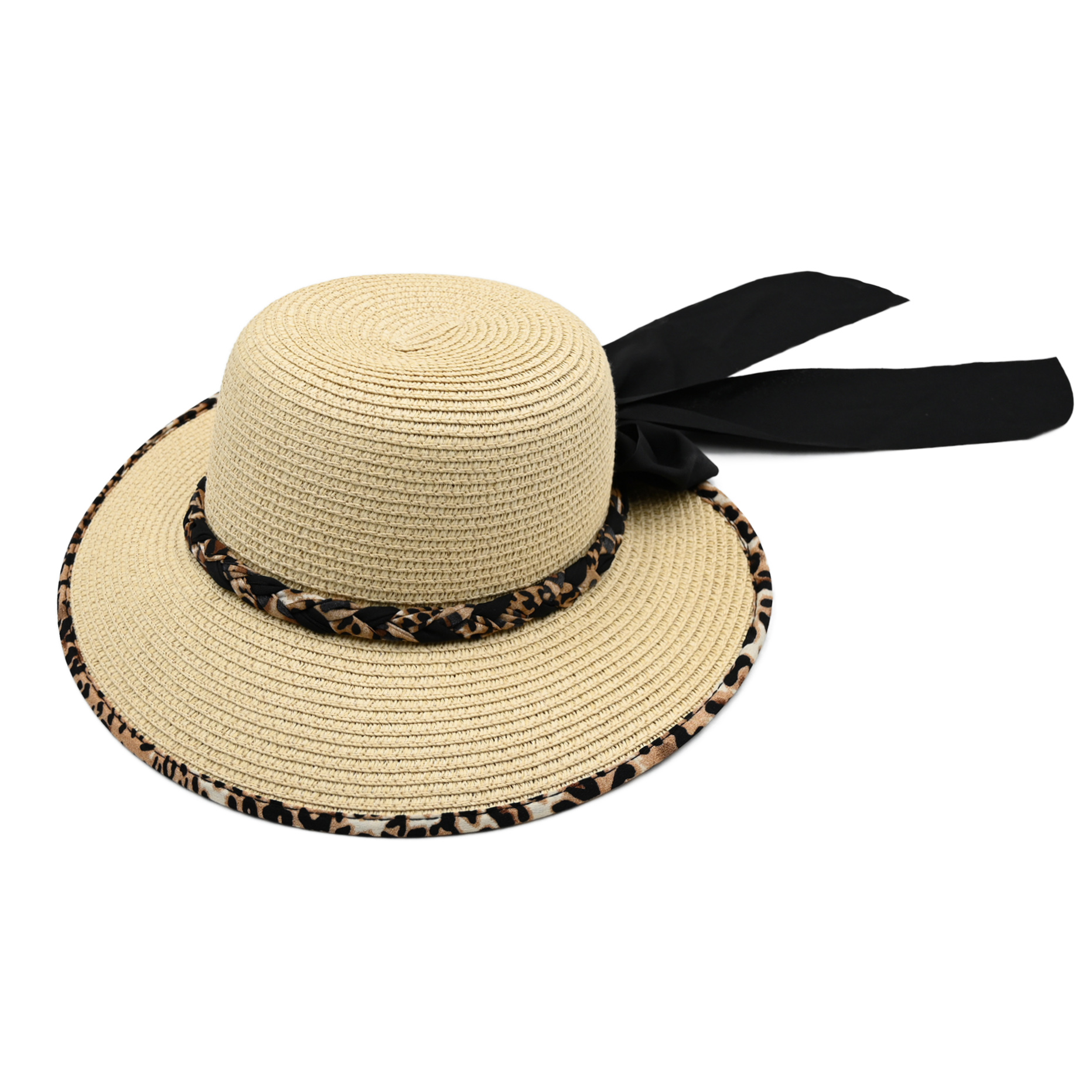 Leopard Trim Bow Tie Straw Sun Hat