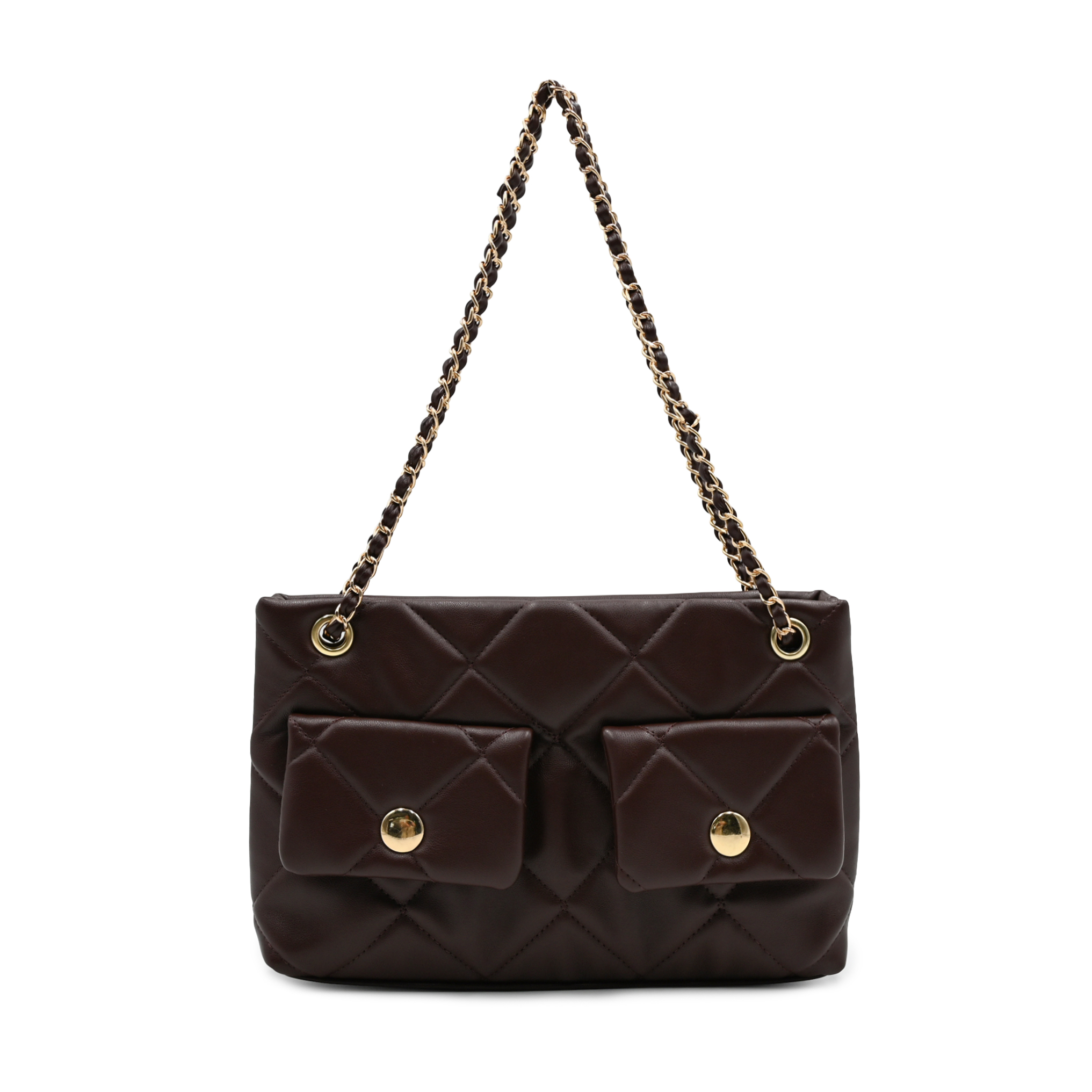 Diamond Grid Shoulder Tote with Golden Hardware