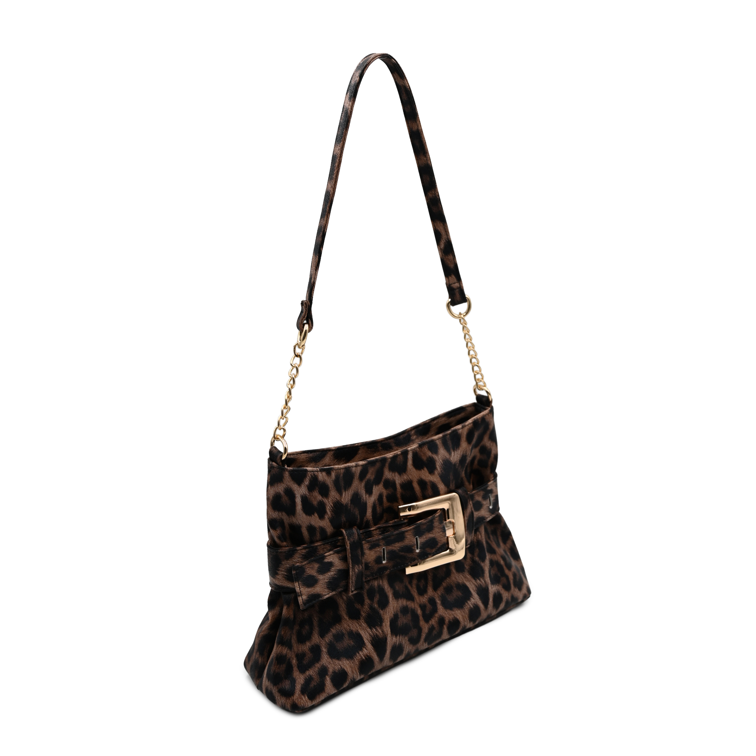 Women's leopard print shoulder bag with gold buckle and chain shoulder strap