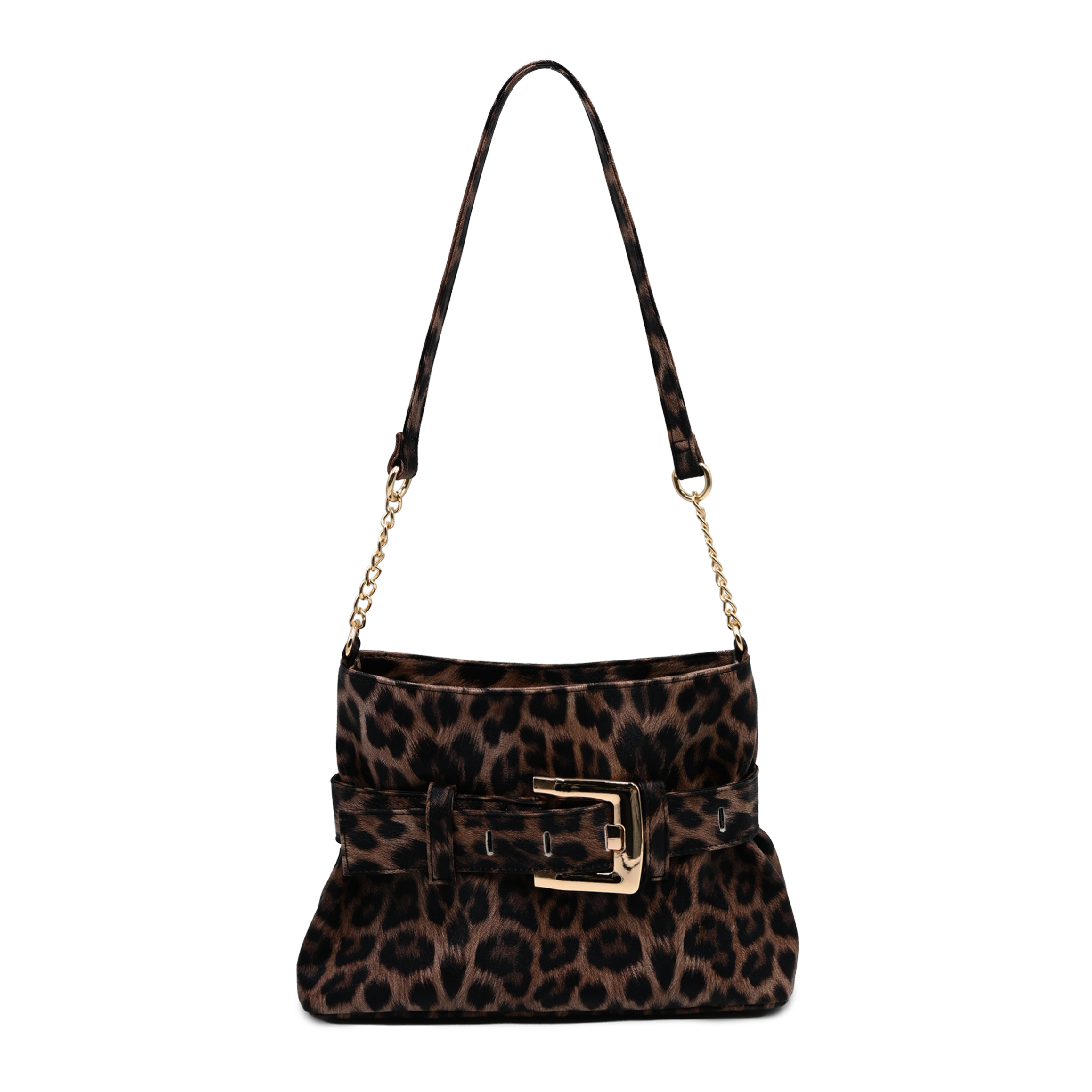 Women's leopard print shoulder bag with gold buckle and chain shoulder strap