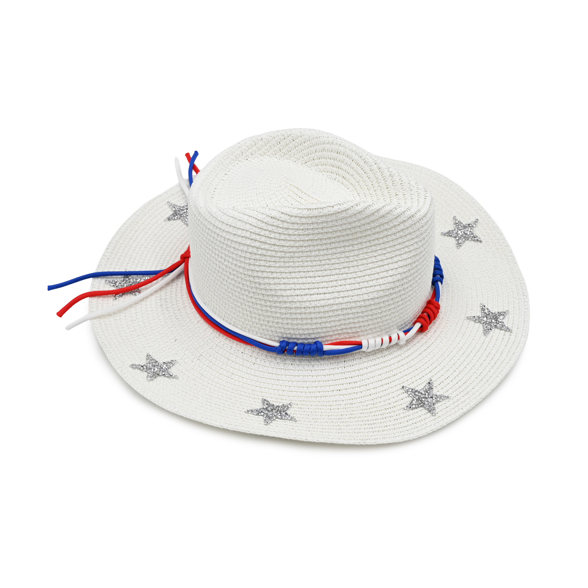 Patriotic Straw Sun Hat with Silver Glitter Stars & Paracord Band