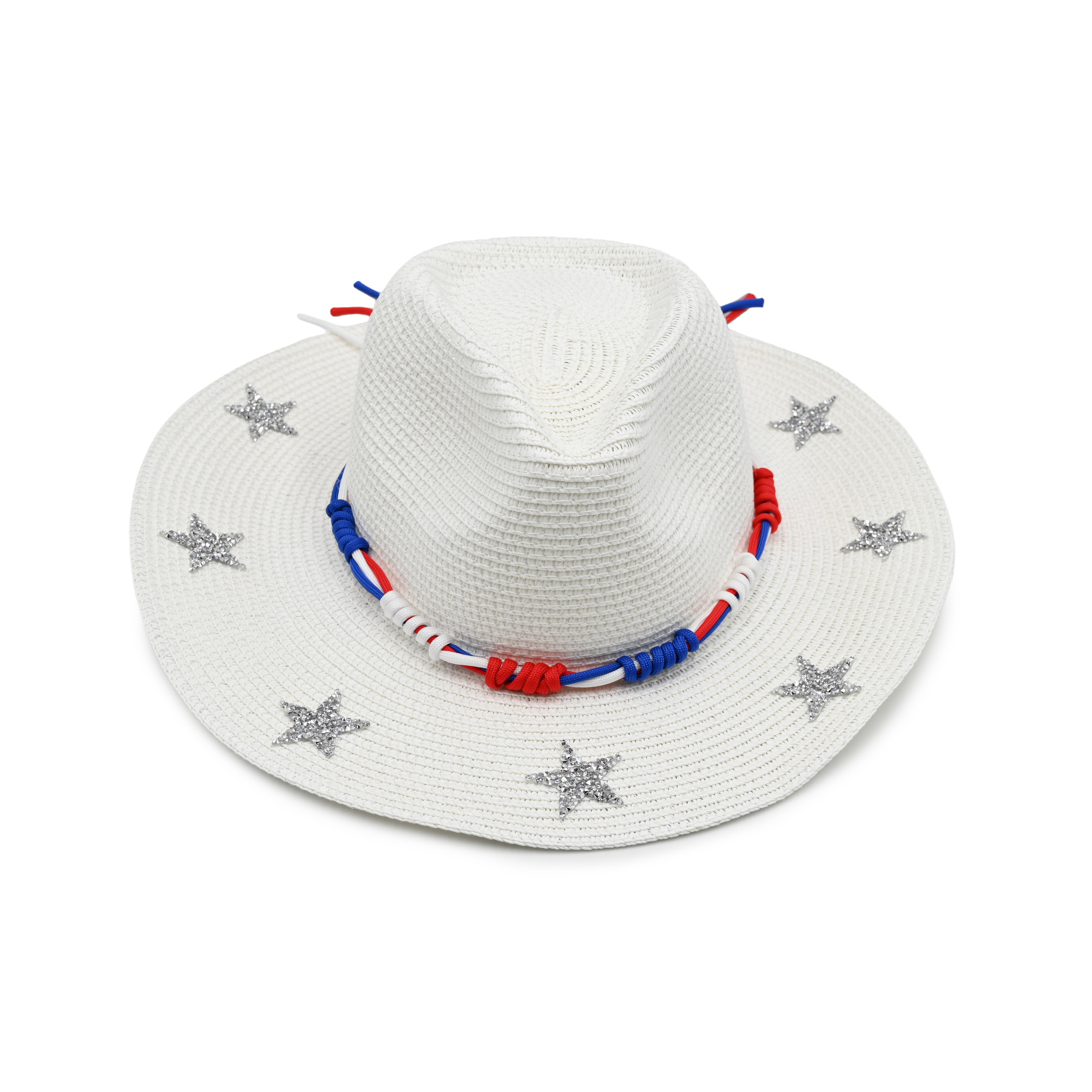 Patriotic Straw Sun Hat with Silver Glitter Stars & Paracord Band