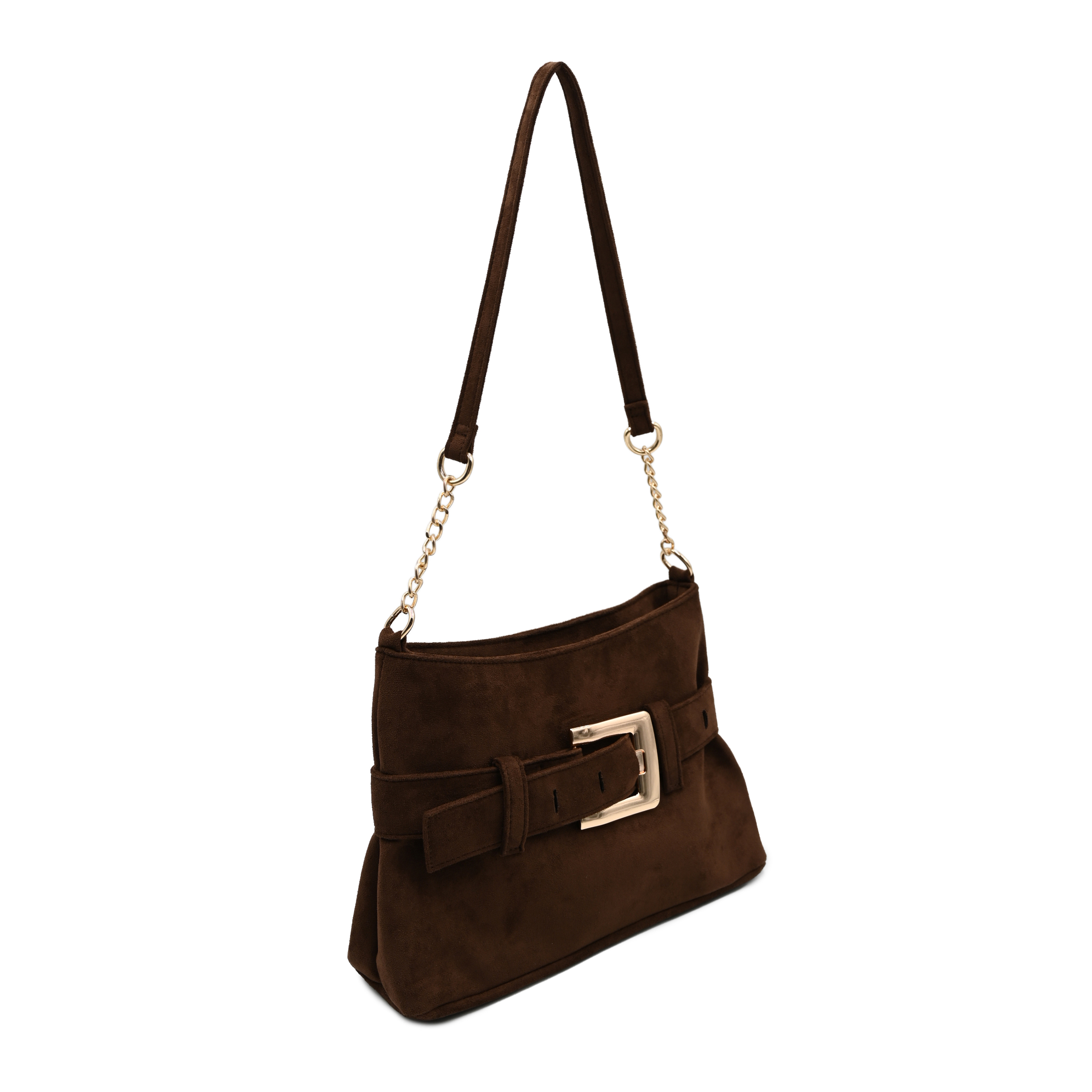 Women's Suede Hobo Shoulder Bag with Gold Buckle and Chain Strap
