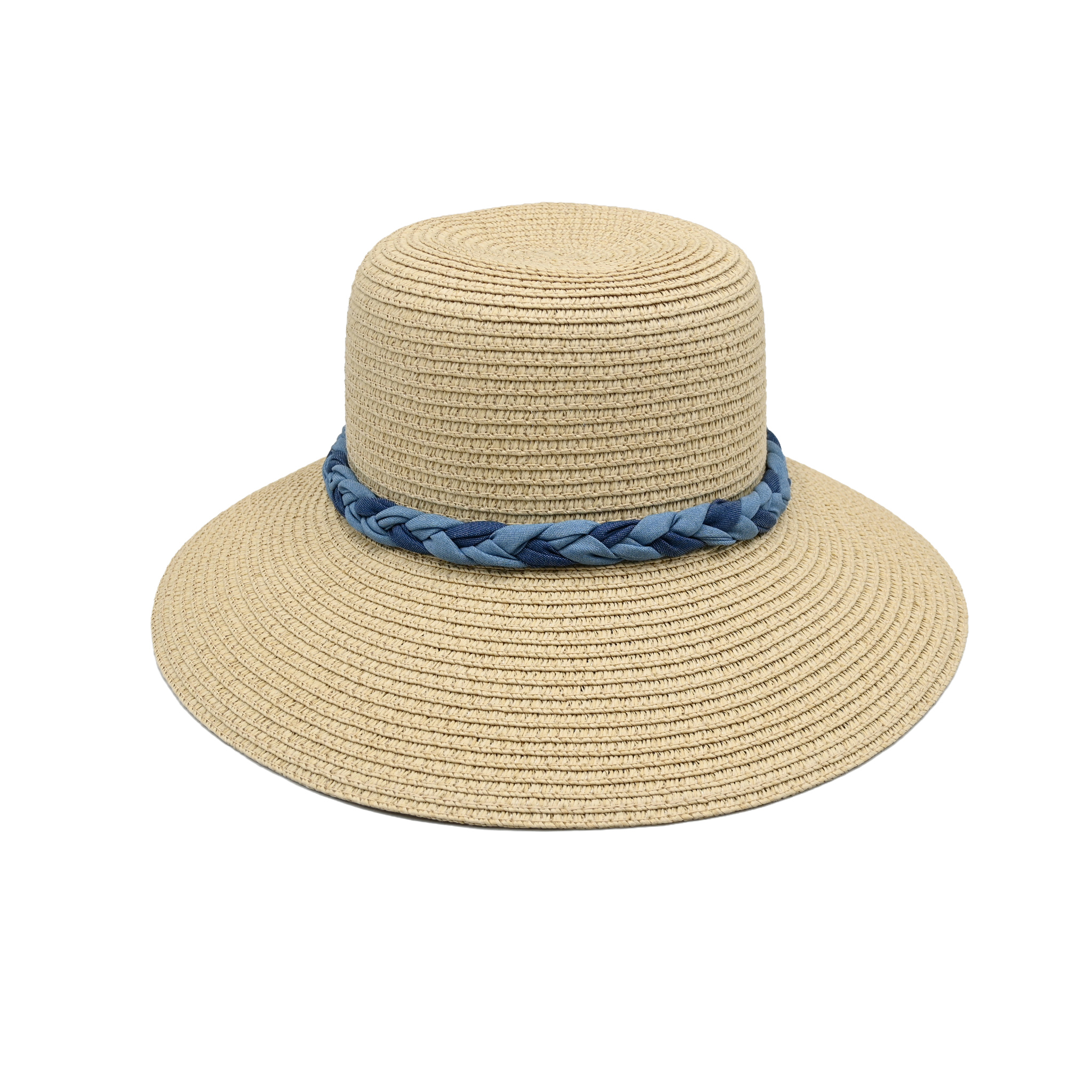 Wide Brim Straw Sun Hat for Women with Denim Braid