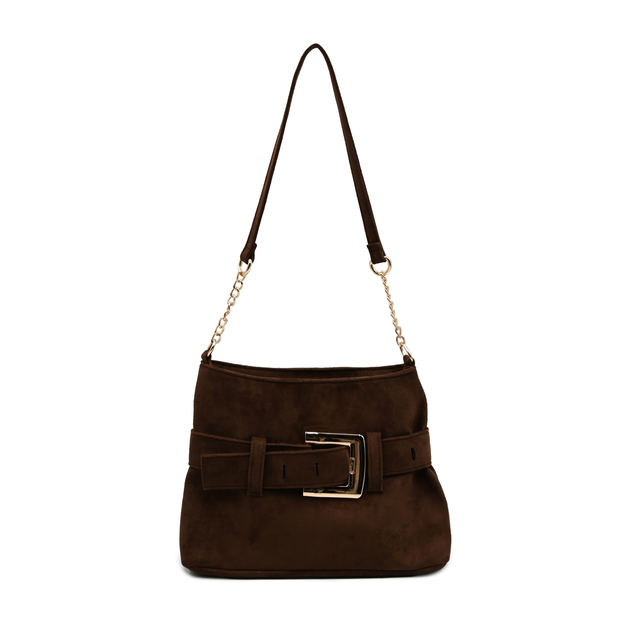 Women's Suede Hobo Shoulder Bag with Gold Buckle and Chain Strap