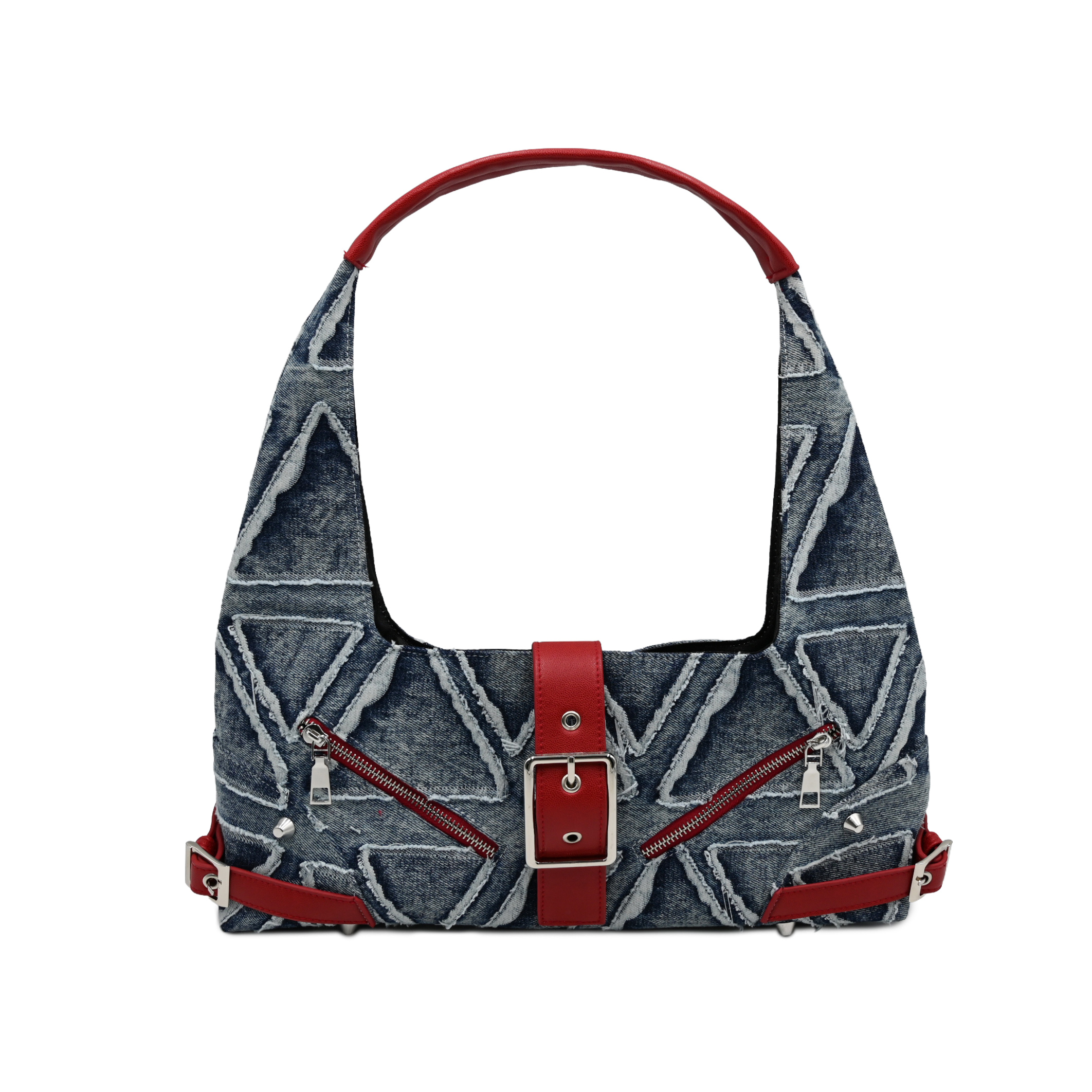 Patchwork Tote Handbag with Zipper Pockets & Rivets