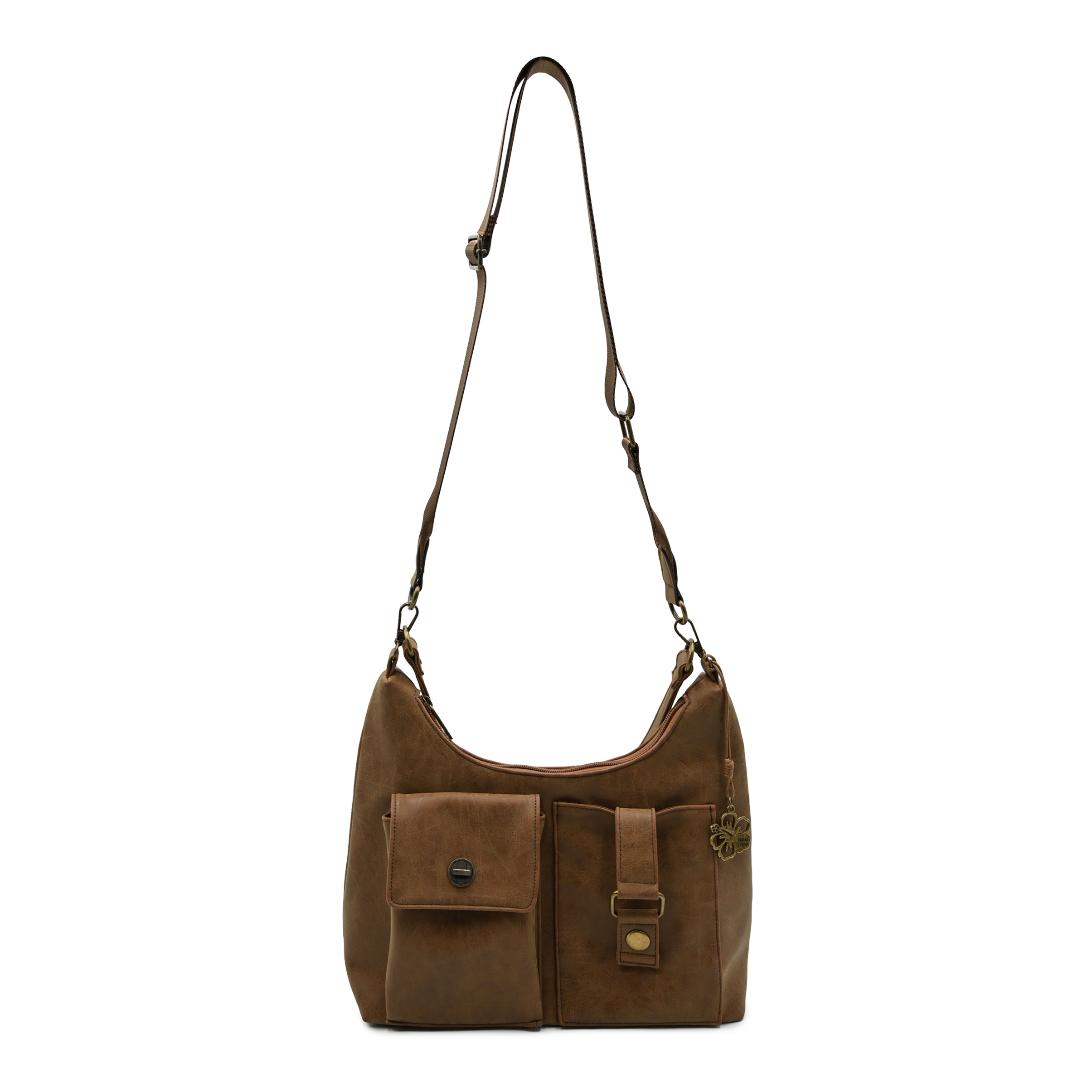 Women's Vintage Crossbody Bag with Adjustable Strap & Floral Charm