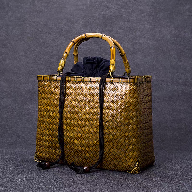 Bamboo Woven Tote Bag--Square-Open Bamboo Root (Bright Yellow Style)