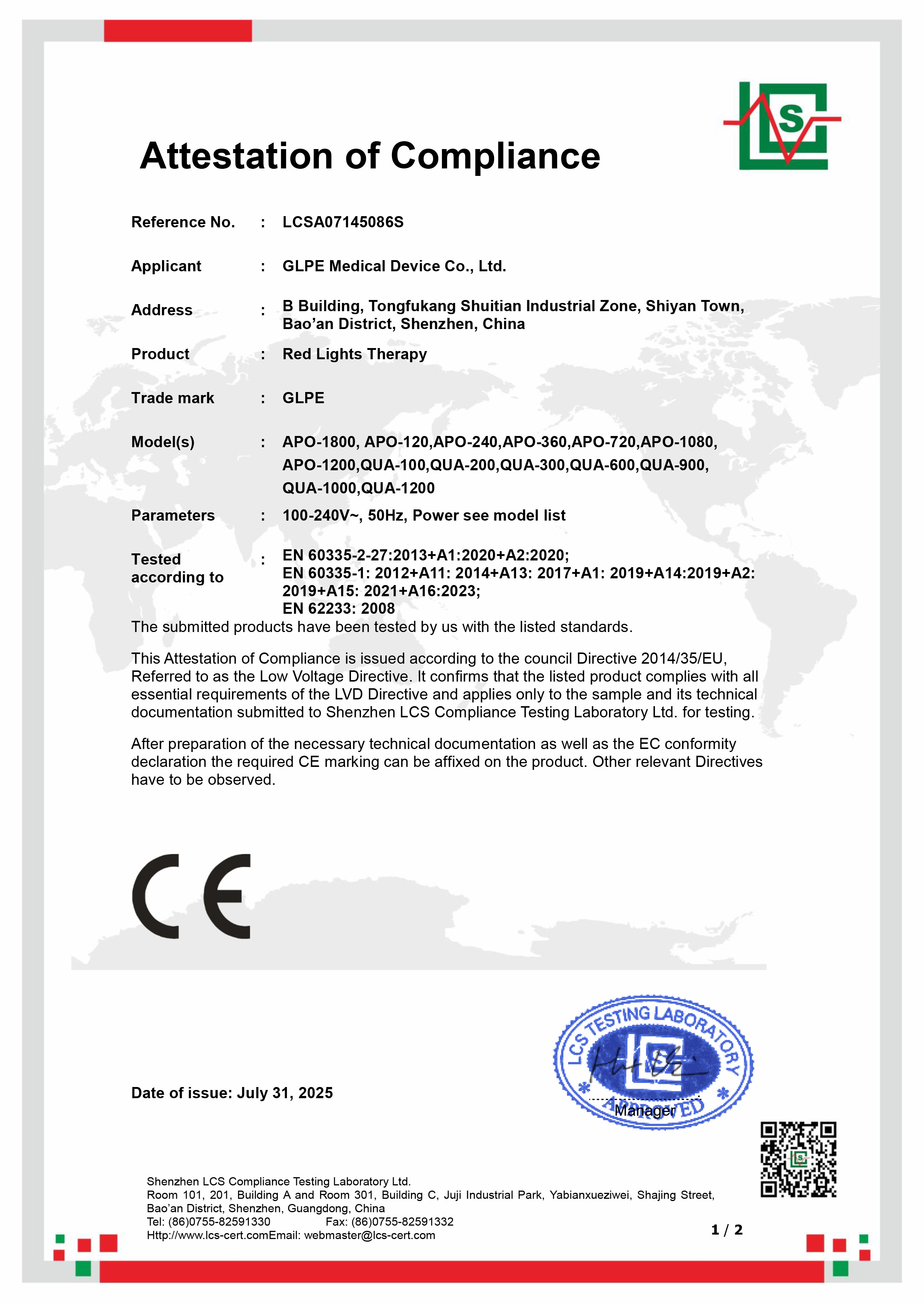 CE LVD certificate