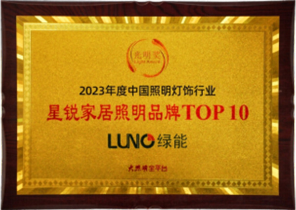 LUNO绿能照明品牌荣获2023年度中国灯饰（照明）行业“星锐家居照明品牌TOP10”称号