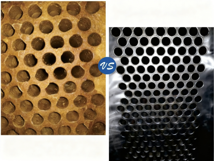 管式换热器清洗对比
采用高频清洗技术对河南某电厂两台加热器(2&times;2000m) 进行了清洗，清洗后两台设备的端差均下降6-8℃左
右，设备的运行状况得到明显的改善。