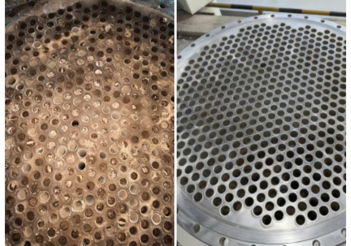管式换热器软轴疏通清洗前后对比
某发电厂闭式水板式换热器解体清洗，采用高压清洗机冲洗板片两面的泥垢，清洗后换热器表面清洁，可见金属颜色，无残留的硬垢，无泥沙、杂物留存
&nbsp;