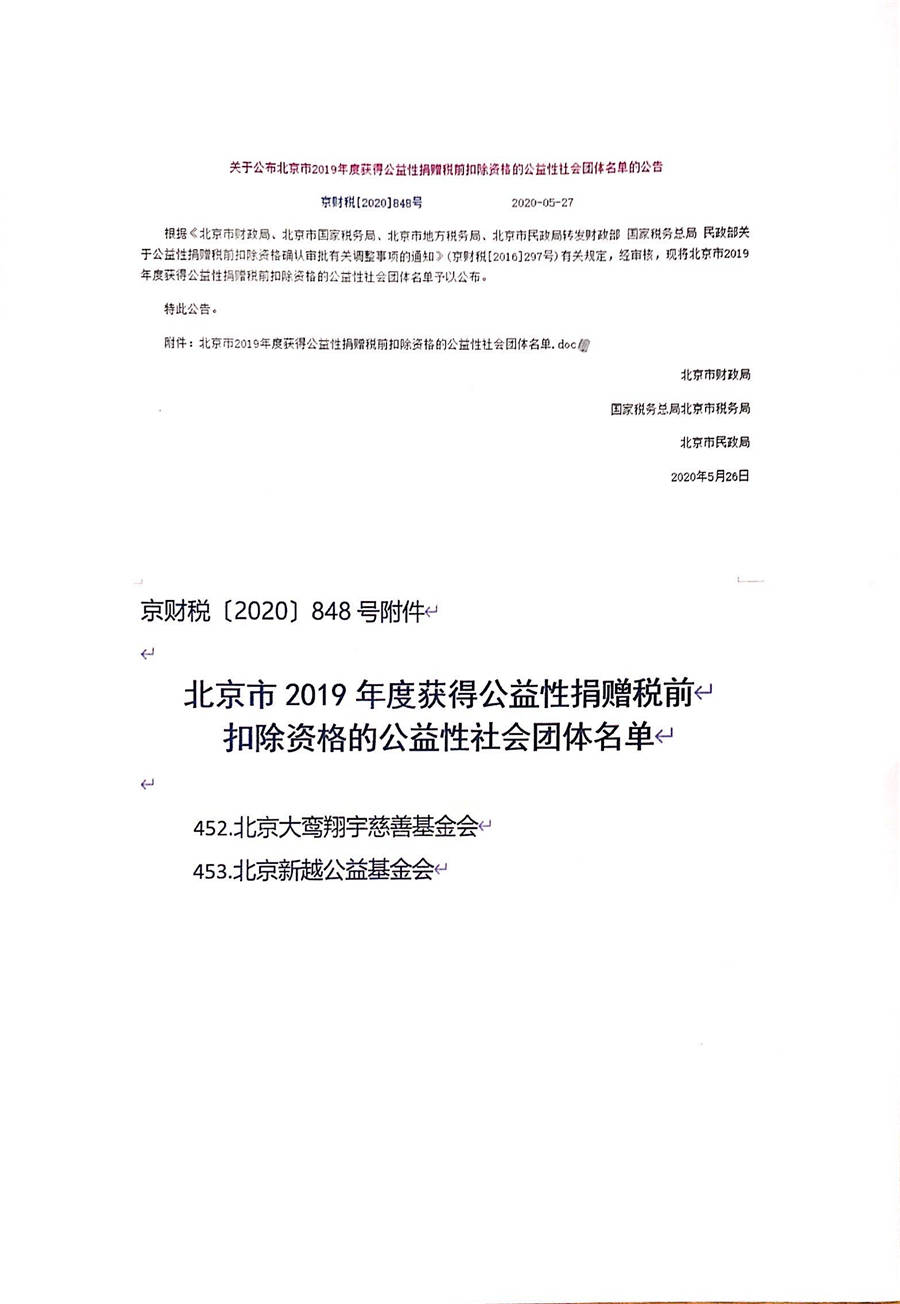 北京大鸾翔宇慈善基金会2019年度获得公益性捐赠税前扣除资格的公告