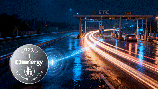 jimeng-2026-04-16-2854-动态摄影风格，夜幕下的高速公路ETC收费站，画面左侧是近距离清晰的一枚纽扣电池特...