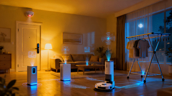 jimeng-2026-04-16-2633-温馨的家庭客厅背景，有烟感、智能门锁、自动晾衣架、扫地机器人，之间有脉冲光线，传...
