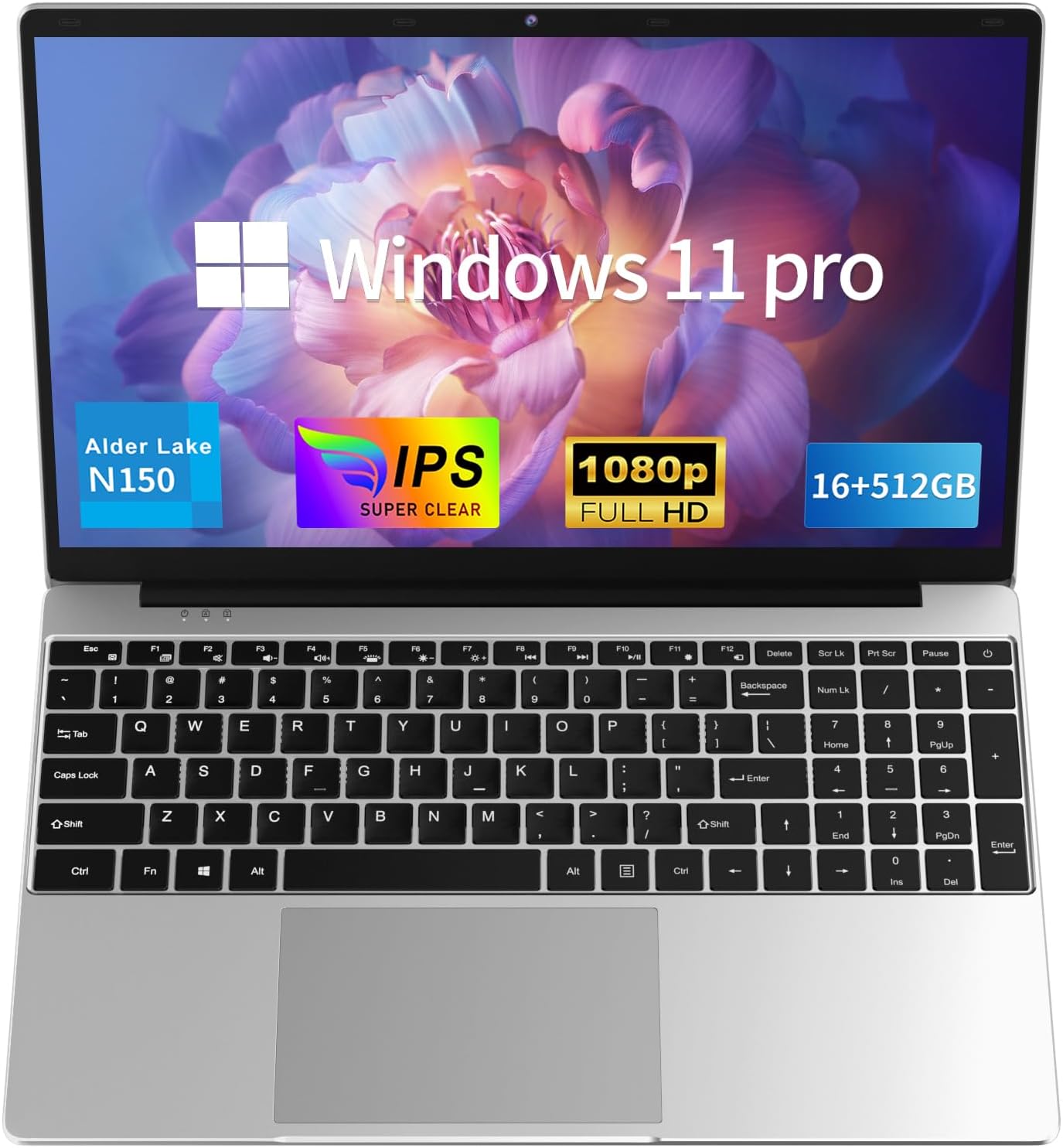 MOONFISH Laptop Computer, 15.6 Inch Lap Top Pc Window 11 Pro, 16GB RAM 512GB SSD, 13th Gen N150 Processor(up to 3.6GHz), Backlit Keyboard, FHD 1920 * 1080, Office 365, Business, Student, Sliver