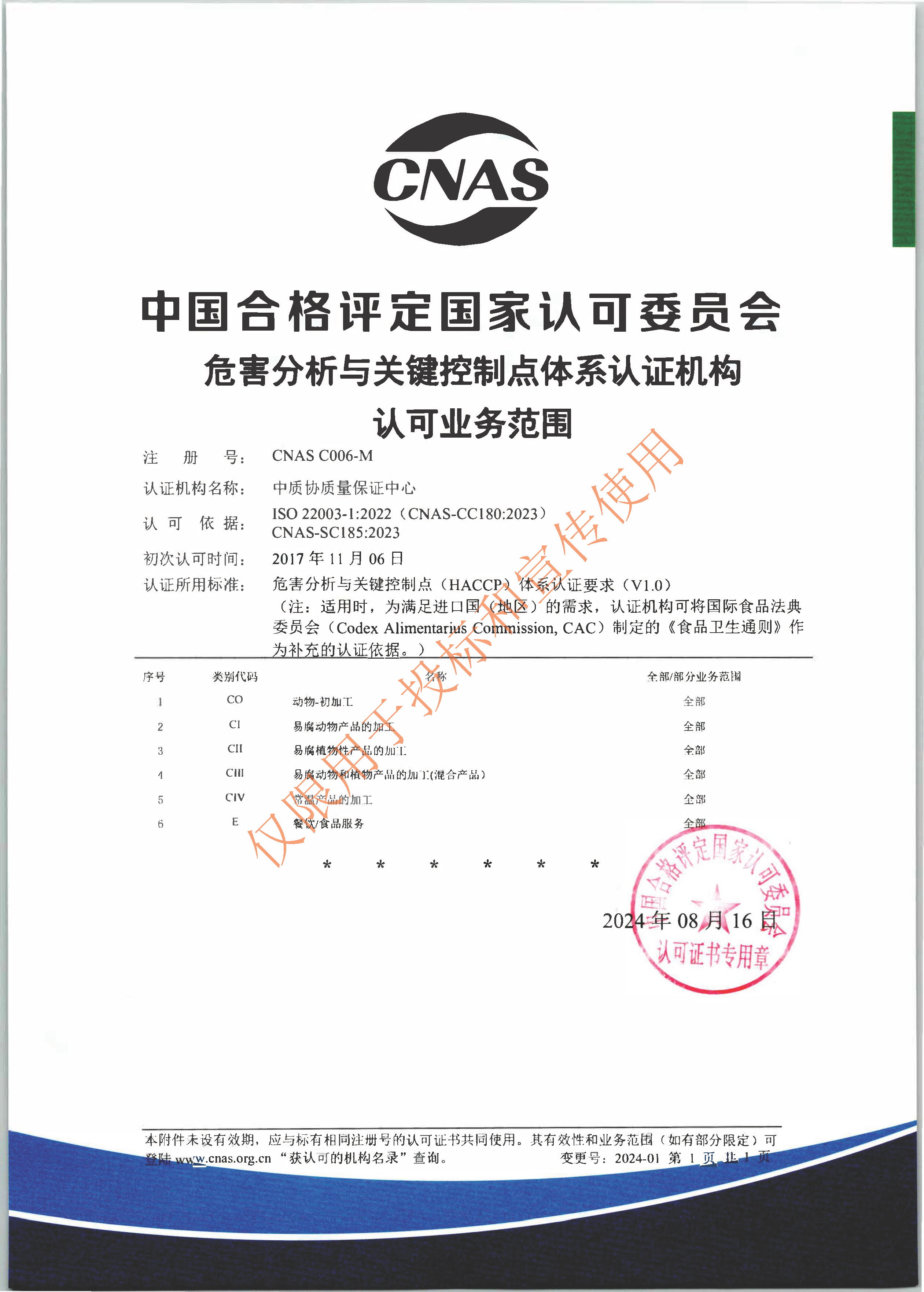 危害分析与关键控制点体系认可业务范围