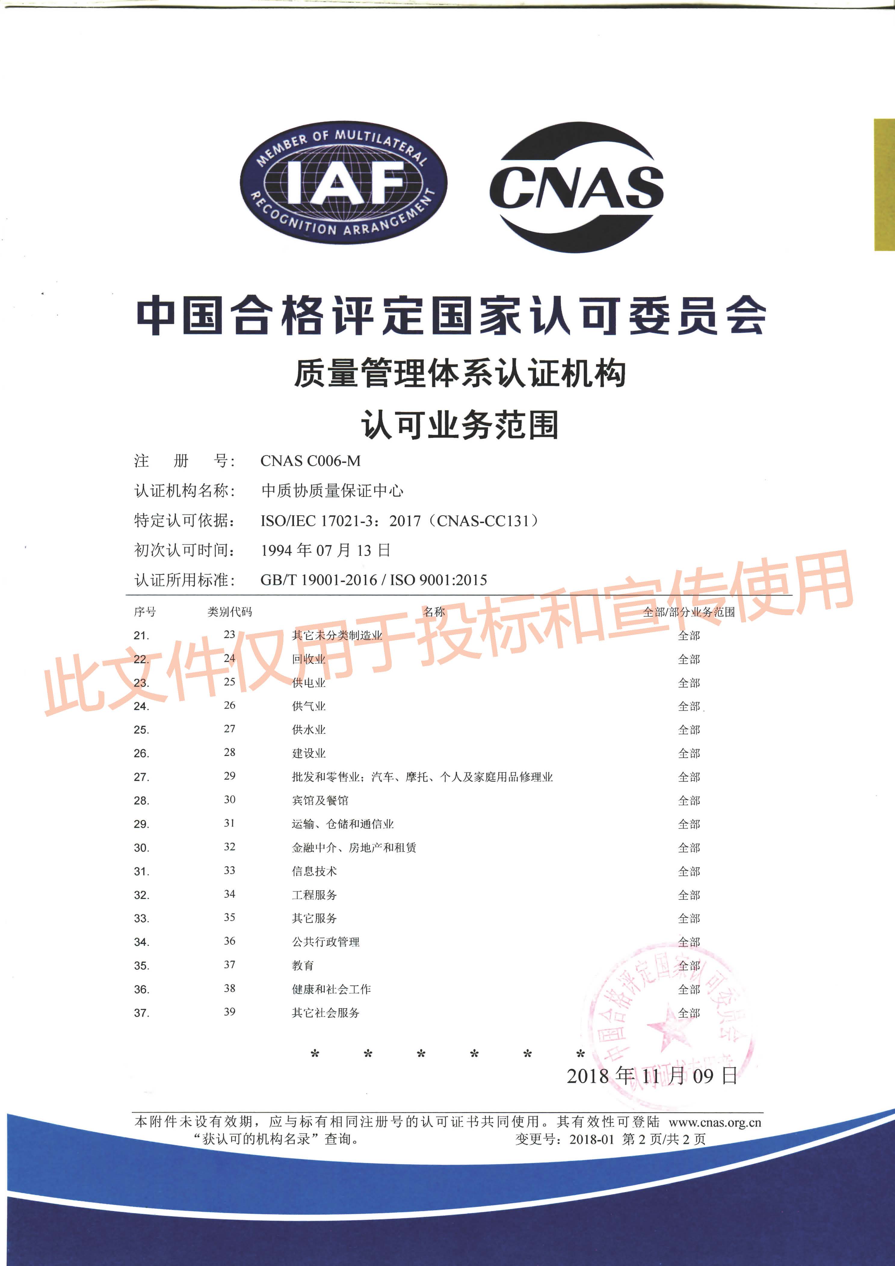 质量管理体系认可业务范围